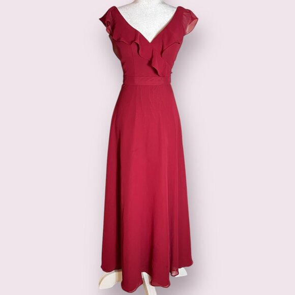 Mori Lee Madeline Gardner Women's Evening Dress Sherry Red Size 0 Ruffle Neck - Picture 2 of 10